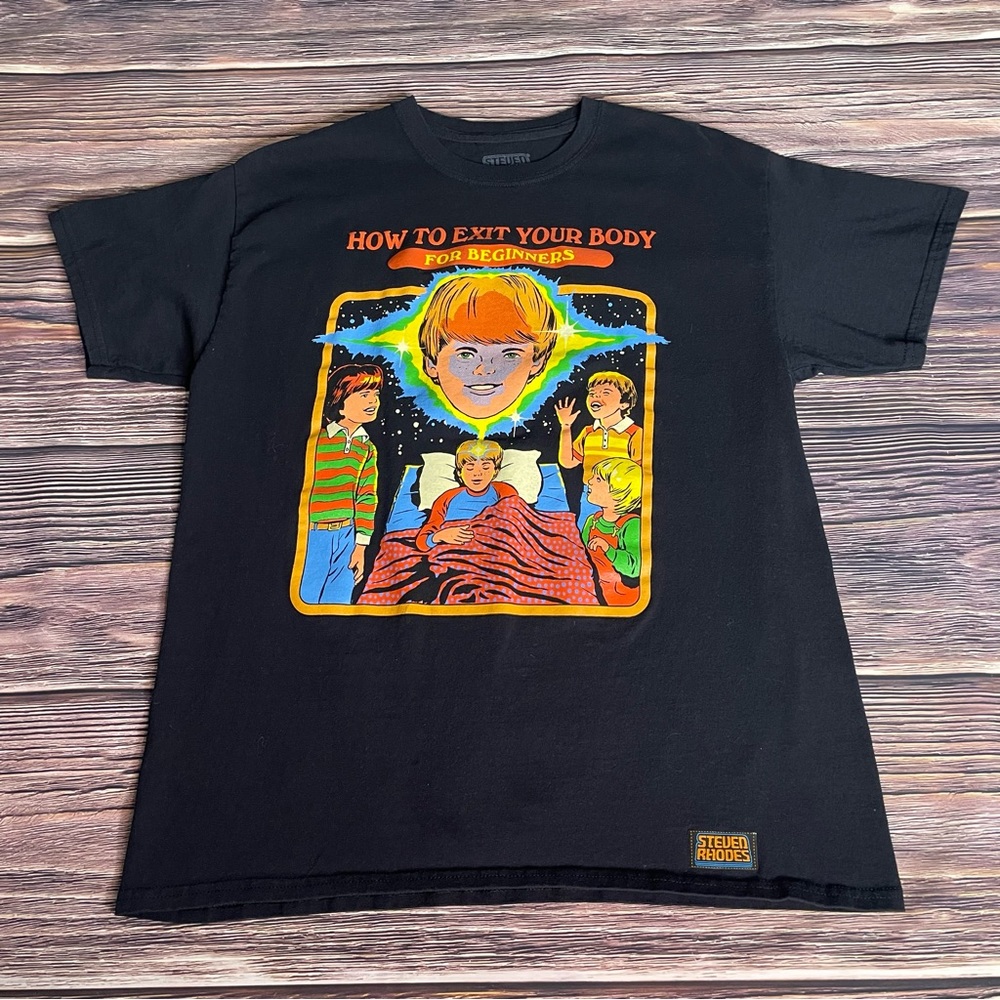 Steven Rhodes T-Shirt Graphic How To Exit Your Body Cartoon TV Unisex Size Large